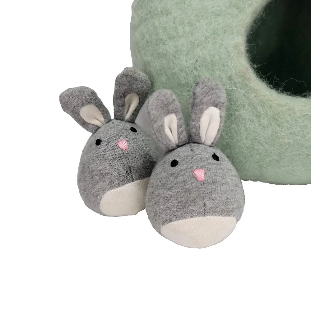 LOVEVERY Burrow of Bunnies Toy Green Wool Gray Cotton Baby Bunny Rabbits natural